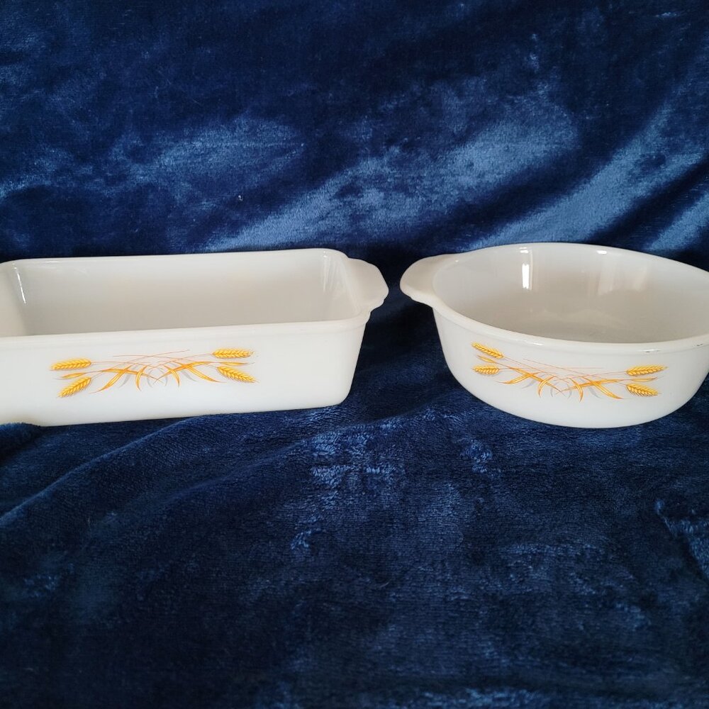 2 Vintage Fire King Golden Wheat Casserole Dishes
